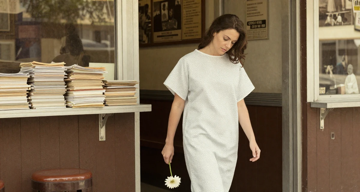 A serene Female From United States, majored in hospitality operations in their 24, walking briskly with purpose and focus, wearing a hospital patient gown tailored to be form-fitting, holding a single flower in a coffee shop corner.