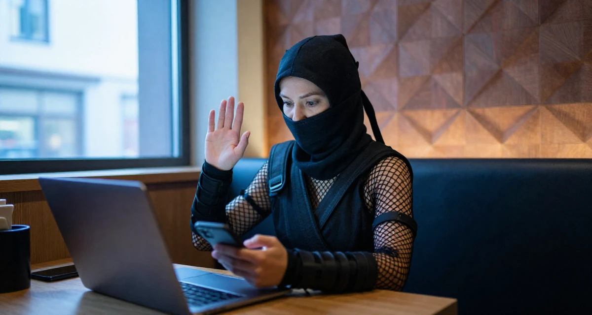 A expectant Female From Tampere Finland, majored in game development in their 23, creating photo sets that feel intimate but not explicit, wearing a ninja kunoichi outfit with fishnet details, shifting weight impatiently in a restaurant booth.