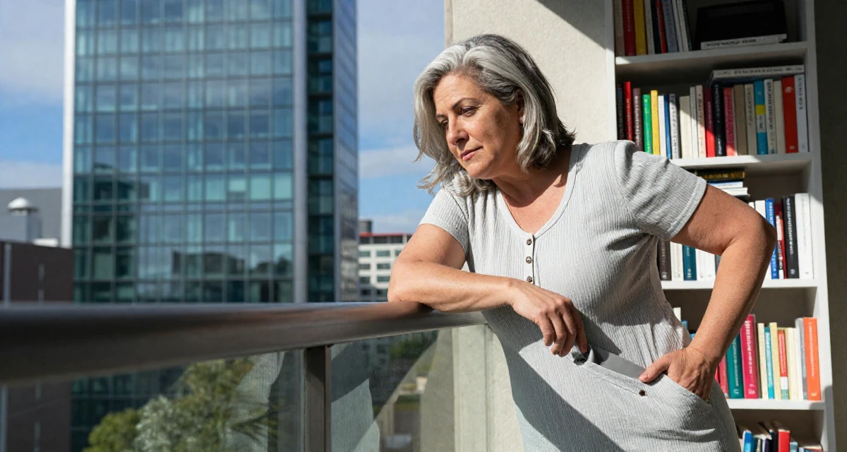 A proud and dignified Female From Ireland, majored in creative media production in their 48, embracing grey hair with style and grace, wearing a ribbed cotton dress with buttons down the front, looking for something in a pocket in a home interior.