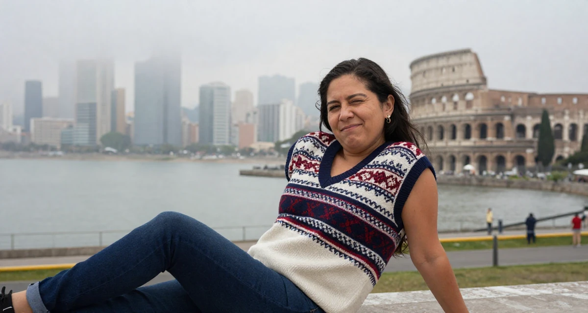 A relaxed Female From Mexico City Mexico, learned expressive movement through Latin dance in their 45, documenting the renovation of a vacation home, wearing a preppy sweater vest combo, winking playfully in a foggy harbor.
