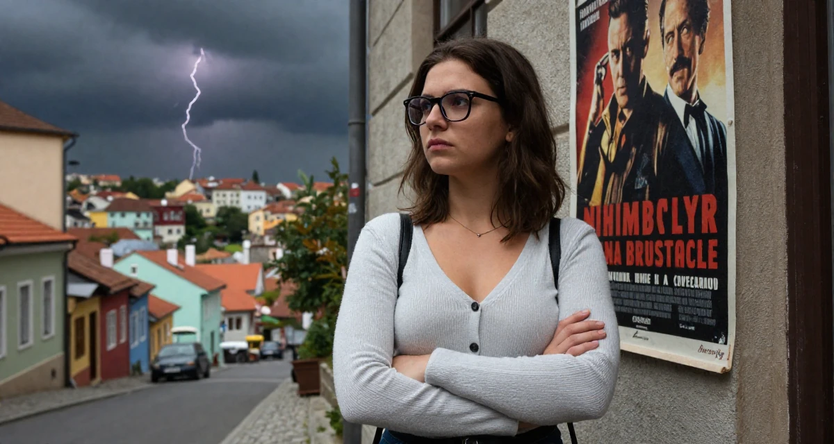 A stoic and strong Female From Brno Czech Republic, trained in alternative fashion styling in their 23, feeling behind in life despite being so young, wearing a librarian outfit with glasses and a tight cardigan, glancing sideways in a urban street.