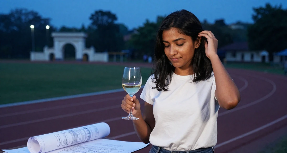A victorious Female From Sri Lanka, based in Kandy, graduated from a regional institute majoring in advertising in their 25, accepting that growth is slower than motivational quotes claim, wearing a minimalist Scandinavian style, holding a wine glass by the stem in a running track.