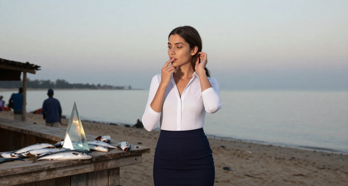 A zen-like Female From Mombasa Kenya, practiced swimwear aesthetics in coastal campaigns in their 25, discovering how lighting makes soft sensual vibes pop, wearing a office lady pencil skirt and tight white shirt, tucking hair behind an ear in a beach bar.