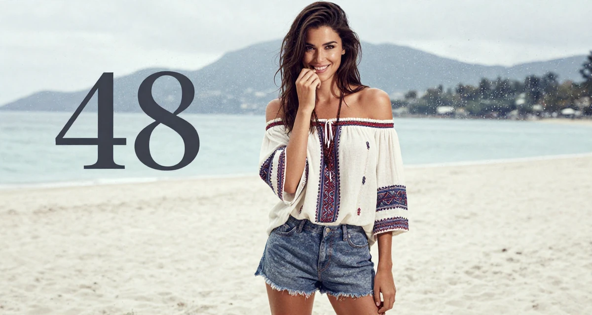 A friendly and approachable Female From Zurich Switzerland, learned luxury lifestyle imaging in their 48, sharing lessons learned from failure, wearing a boho style off-shoulder peasant top and shorts, biting the lower lip softly in a tropical white sand beach.