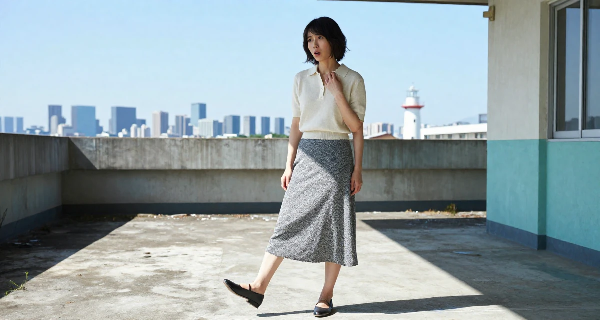 A stunned Female From Japan, majored in animation in their 41, sharing tips for staying relevant in tech, wearing a knitted polo shirt tucked into a midi skirt, tapping a foot rhythmically in a abandoned hospital.