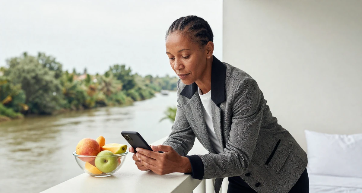 A resilient Female From Angola, majored in logistics operations in their 34, focusing on skincare and graceful aging, wearing a structured jacket with casual tee, checking a phone in a minimalist bedroom.