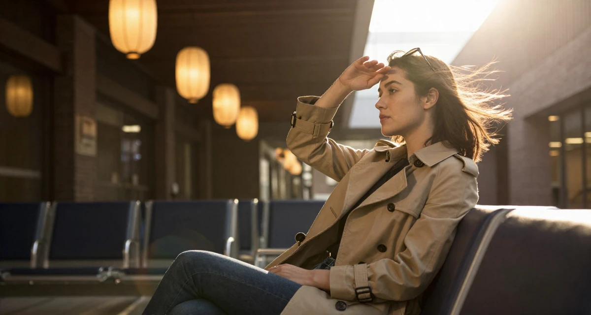 A contemplative Female From USA, studied psychology and human behavior in their 31, teaching photography and editing skills, wearing a stylish trench coat over basics, shielding face from the wind in a airport departure lounge.