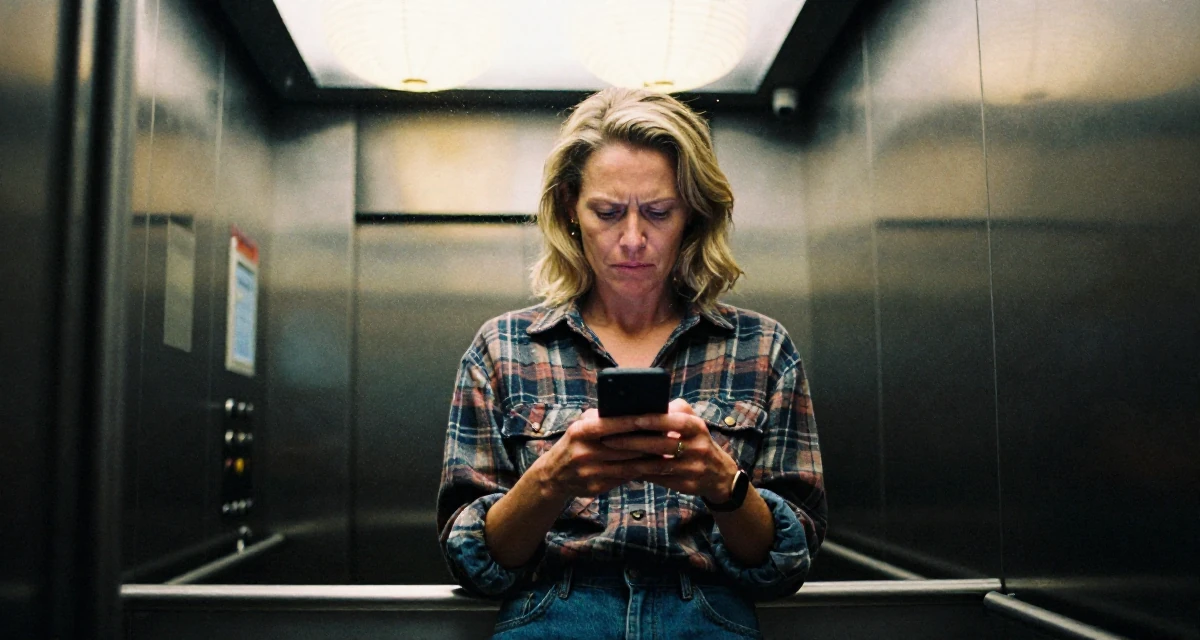 A defiant Female From Aarhus Denmark, trained in fitness coaching and body alignment in their 44, sharing high-end skincare routines for aging, wearing a rugged flannel shirt and denim, texting with both thumbs in a corporate elevator.