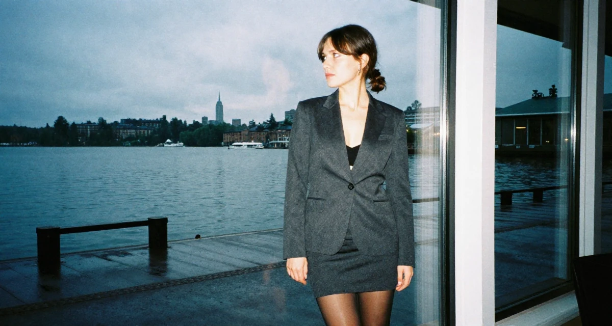 A intimidating Female From Tampere Finland, learned intimate storytelling through slow-mode videography in their 25, confident enough to wear what they truly like, wearing a black stockings and a charcoal business suit skirt, looking out the window in a serene lakeside dock.