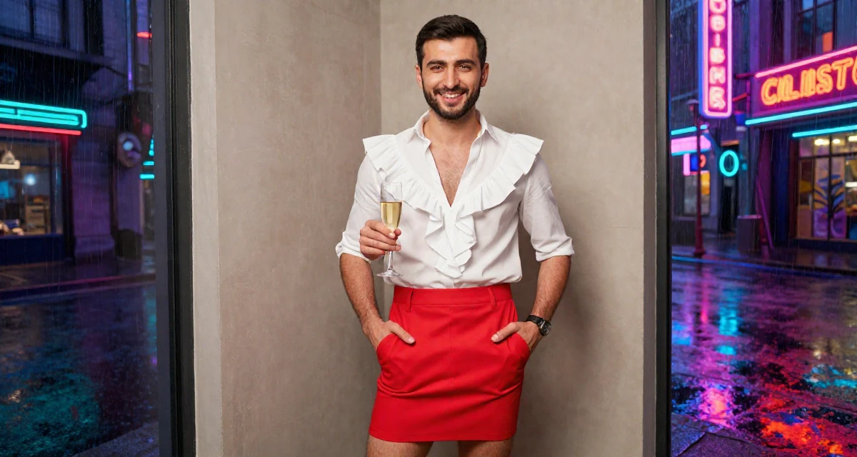 A warm and welcoming male From Tajikistan, studied civil engineering in their 23, experimenting with bolder lingerie styles while staying safe, wearing a ruffled blouse tucked into a tight mini skirt, holding a champagne glass in a neon-lit street.