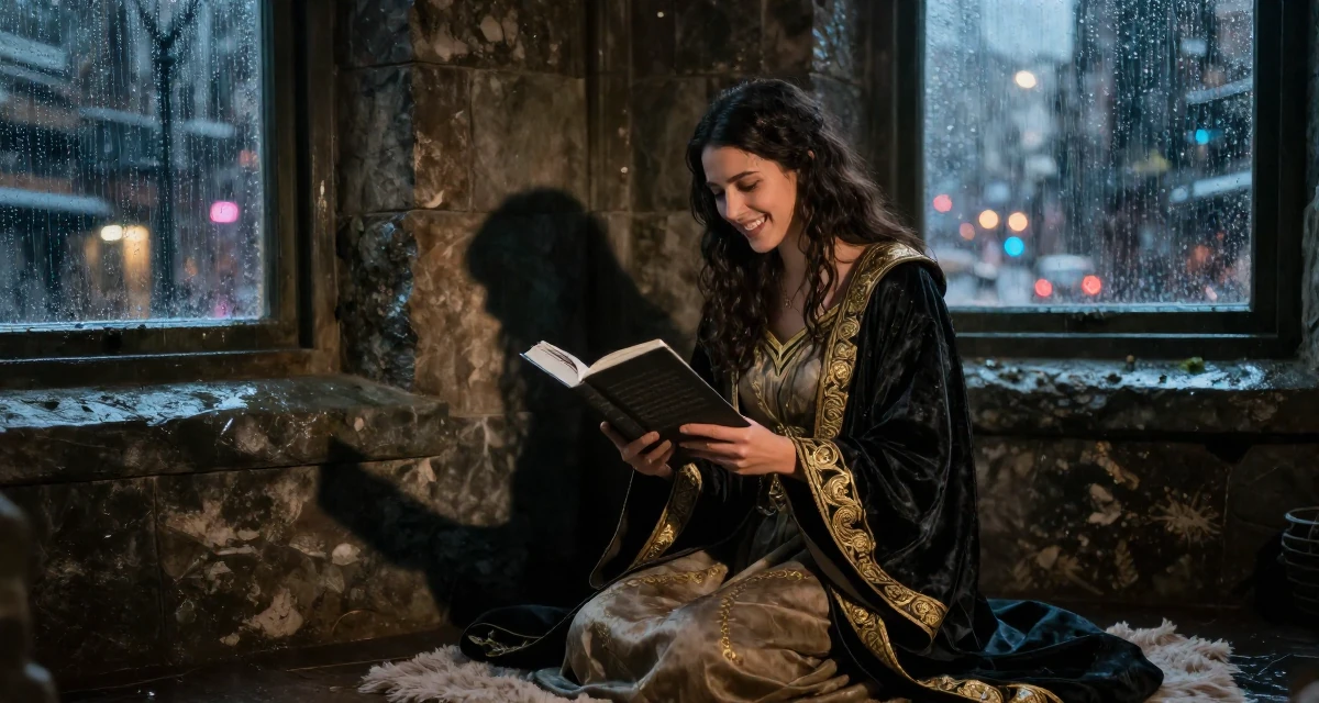 A bright and optimistic Female From Australia, has a degree in environmental science in their 25, dealing with pressure to choose a major, wearing a high-fantasy sorceress robe with gold embroidery, reading a book intently in a ancient stone ruins.