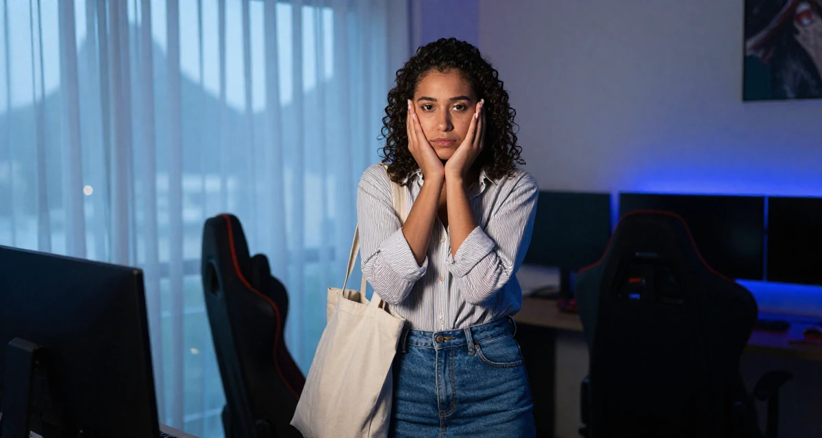 A melancholic yet beautiful Female From Brazil, based in Rio de Janeiro, graduated from an arts academy majoring in performance aesthetics in their 21, hiding insecurity behind a perfect makeup look, wearing a striped button-down shirt tucked into a denim pencil skirt, carrying a tote bag in a gaming room.