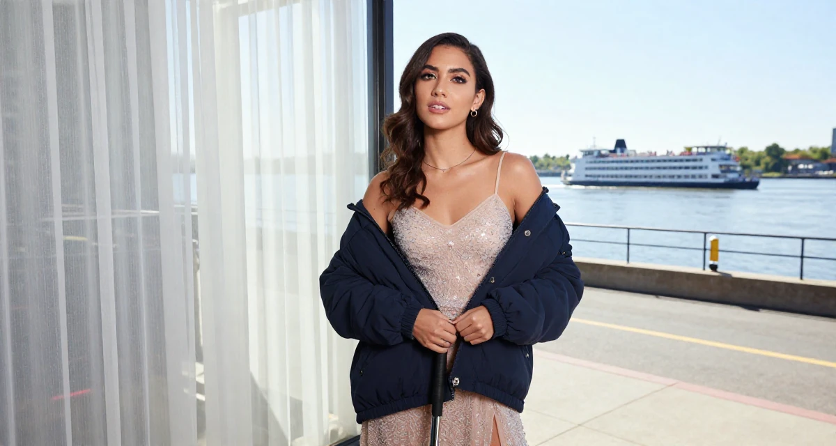 A magnetic Female From United States, majored in cybersecurity in their 23, discovering how makeup transforms flirty confidence, wearing a ice skater sparkly dress with sheer sleeves, buttoning a jacket in a neon-lit street.