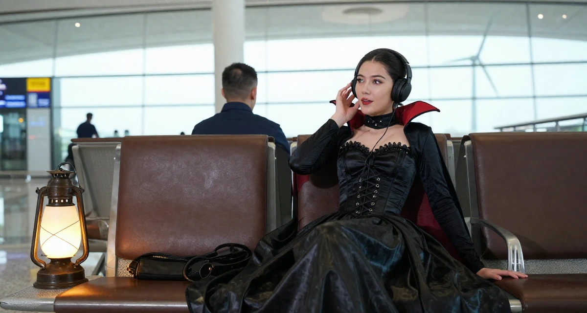 A playful Female Former firefighter trainee, now producing strength-based content in their 26, dealing with younger competition while finding identity, wearing a vampire queen gown with a high collar and corset, listening to music with headphones in a airport terminal.