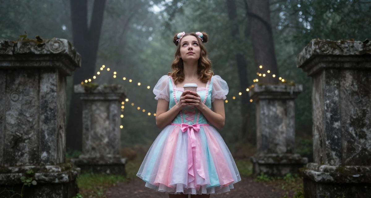 A mysterious Female From Ukraine, studied software engineering in their 23, gaining confidence through playful outfit themes, wearing a candy-themed magical girl dress with pastel colors, holding a coffee cup with both hands in a dense misty forest.