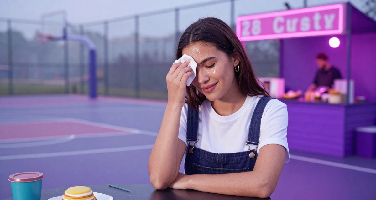 A charming Female Once a pastry chef, now blending cooking with playful creator energy in their 28, facing creator fatigue while pretending to thrive, wearing a modern casual lifestyle wear, wiping sweat from the brow in a basketball court.