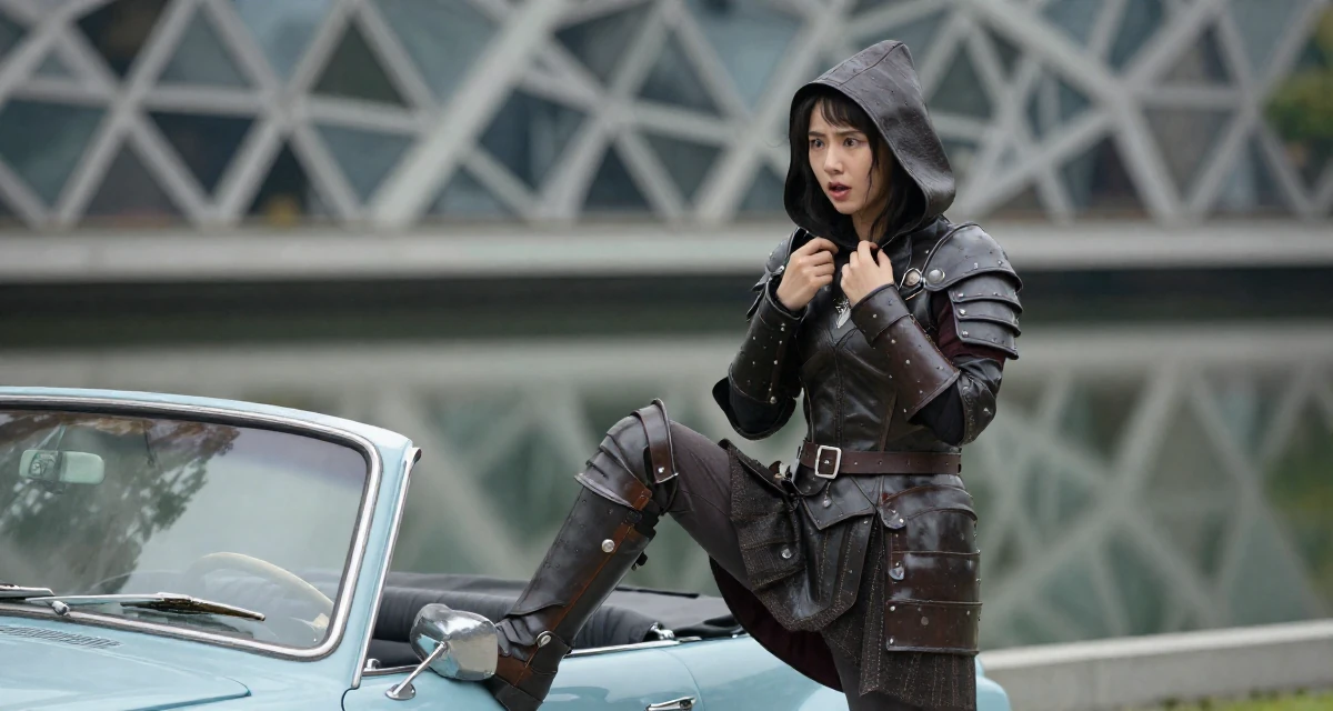 A inspired Female From Chengdu China, majored in fashion design in their 22, shocked by the cost of rent and groceries, wearing a fantasy rogue leather armor with a hood, adjusting a collar in a vintage convertible car.