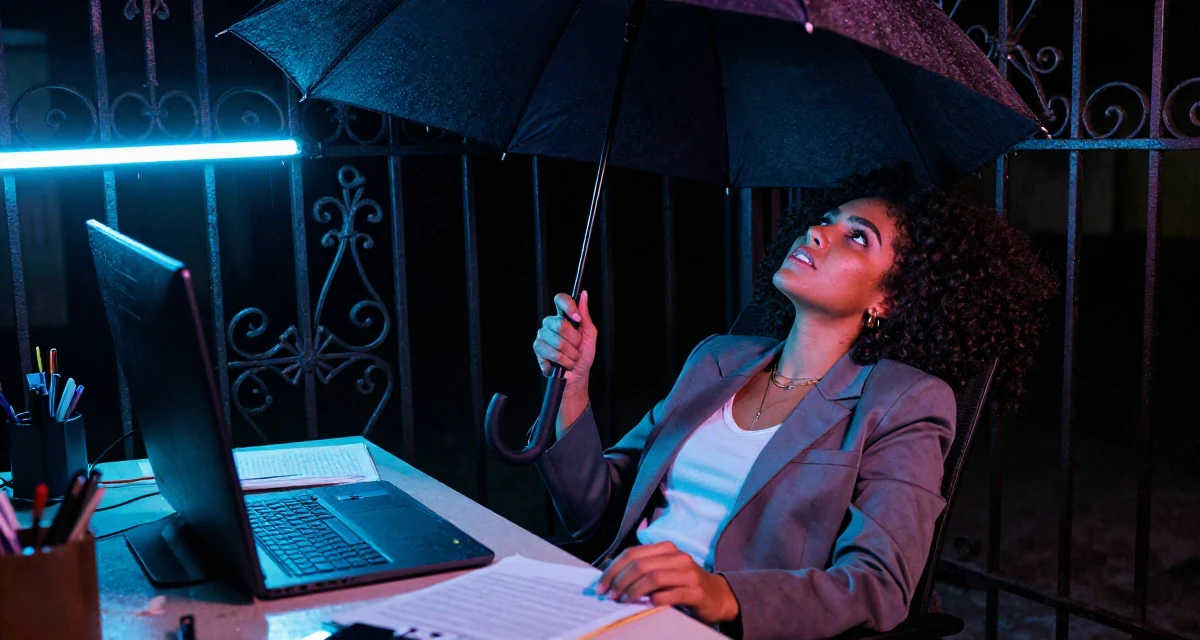 A ferocious Female From Brazil, studied software engineering in their 41, sharing the reality of raising high schoolers, wearing a sleek modern tailored look, holding an umbrella in a messy desk.