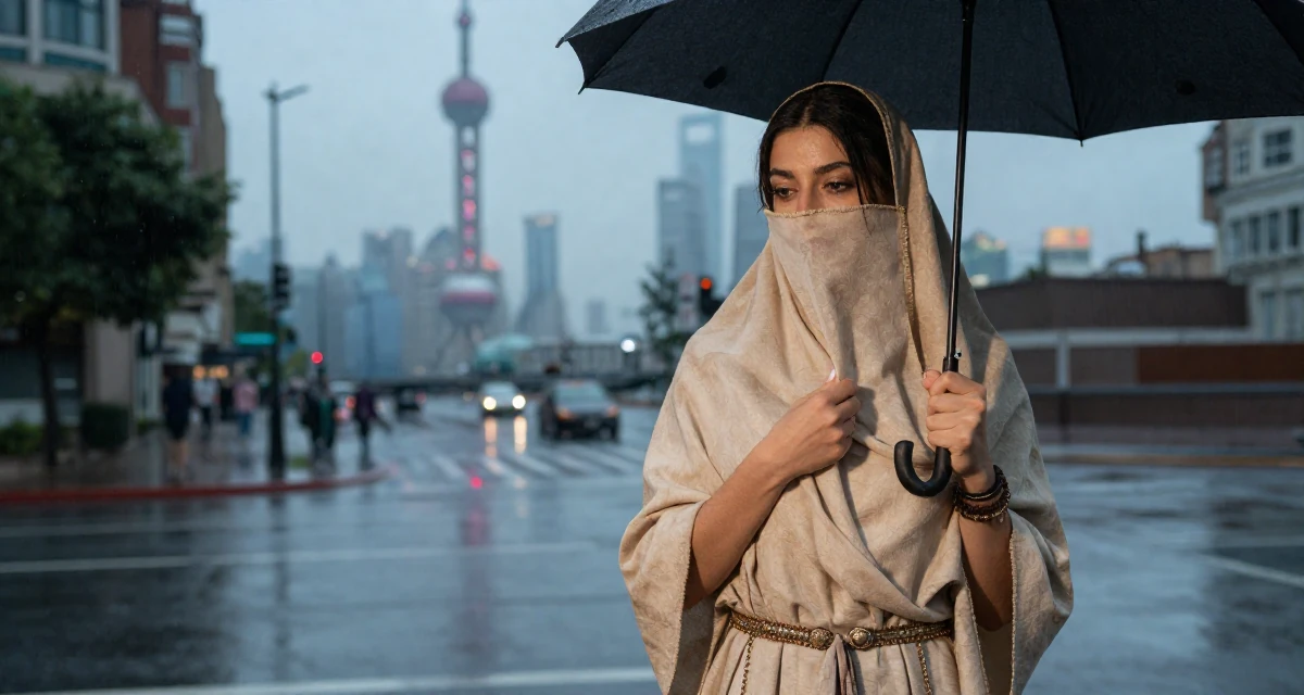 A thoughtfully silent Female From Ankara Türkiye, practiced intimate photography aesthetics in their 22, trying to look more professional than they feel, wearing a desert nomad wrap outfit with a face veil, holding an umbrella in a urban street.