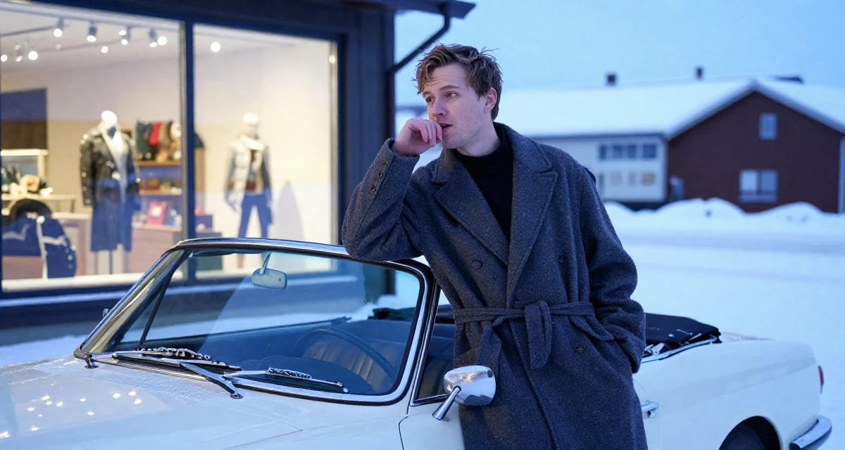 A focused male From Norway, studied renewable energy engineering in their 24, glowing with the confidence of experience, wearing a oversized blazer worn as a dress with a belt, humming a tune visually in a vintage convertible car.