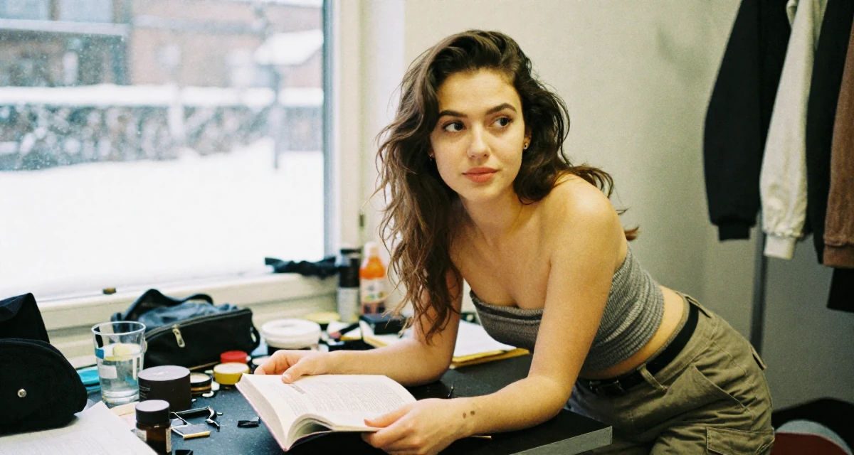 A dreaming Female From the Netherlands, studied user experience design in their 22, planning monthly photoshoots on a tight budget, wearing a strapless tube top and cargo pants, turning a page in a backstage dressing room.