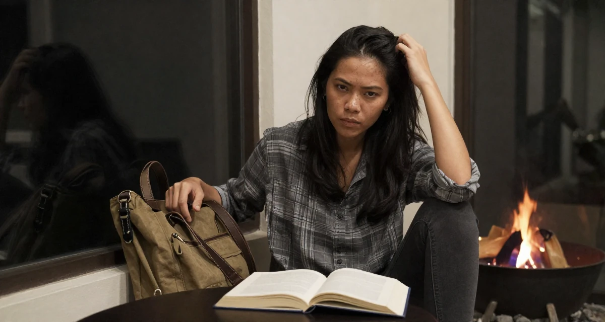 A serious Female From Johor Malaysia, studied early childhood education in their 25, stabilizing monthly income and planning long-term strategy, wearing a modern grunge aesthetic, looking through a bag in a cozy reading nook by a window.