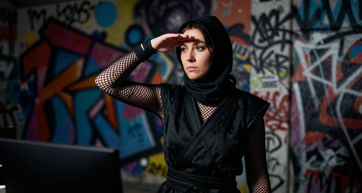 A timid Female From Belgium, majored in political science in their 30, focused on paying off debt and financial freedom, wearing a ninja kunoichi outfit with fishnet details, shading eyes with a hand in a radio station.