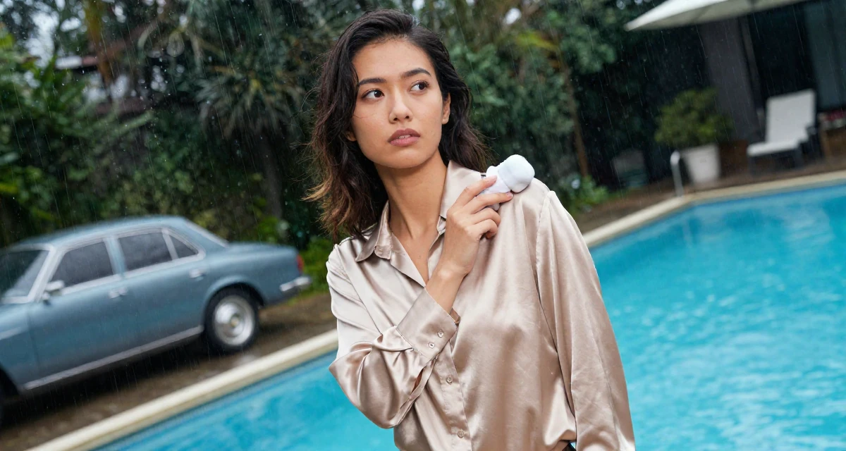 A aloof but intriguing Female Former pharmacist in training, now teaching wellness routines online in their 23, learning that creativity doesn’t pay rent—consistency does, wearing a satin button-up shirt in champagne color, dusting off the shoulder in a swimming pool.