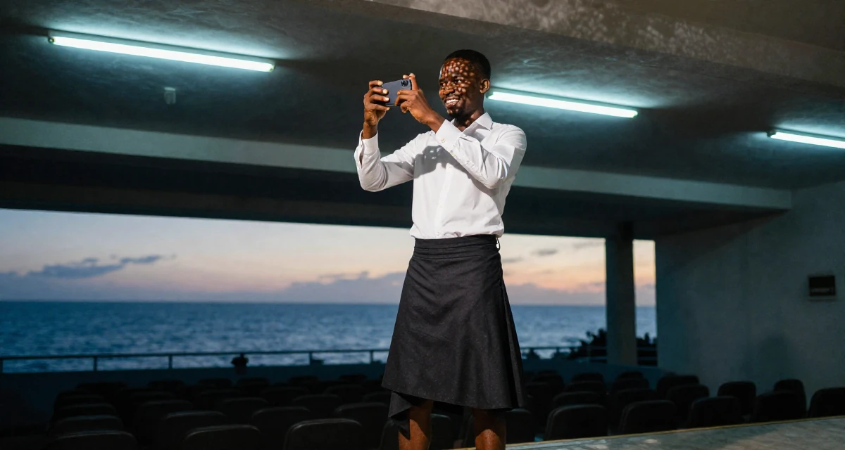 A mischievous male From Burundi, studied business accounting in their 29, fighting the fear of being “too old for the platform”, wearing a asymmetrical hem skirt and a crisp white shirt, snapping a photo with a phone in a concert hall.