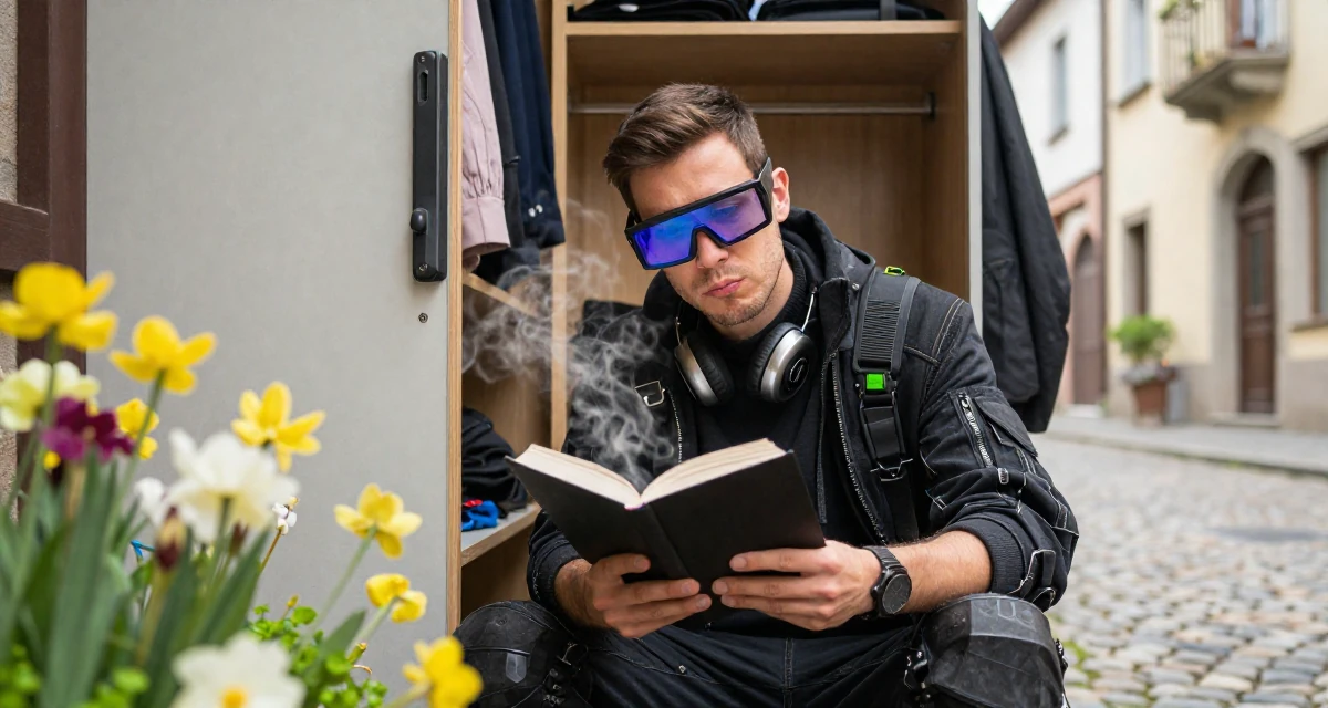 A pouting male From Italy, based in Milan, graduated from a design school majoring in sensual visual communication in their 36, documenting the process of writing a book, wearing a cyberpunk hacker outfit with oversized tech glasses, posing for a selfie in a walk-in wardrobe.