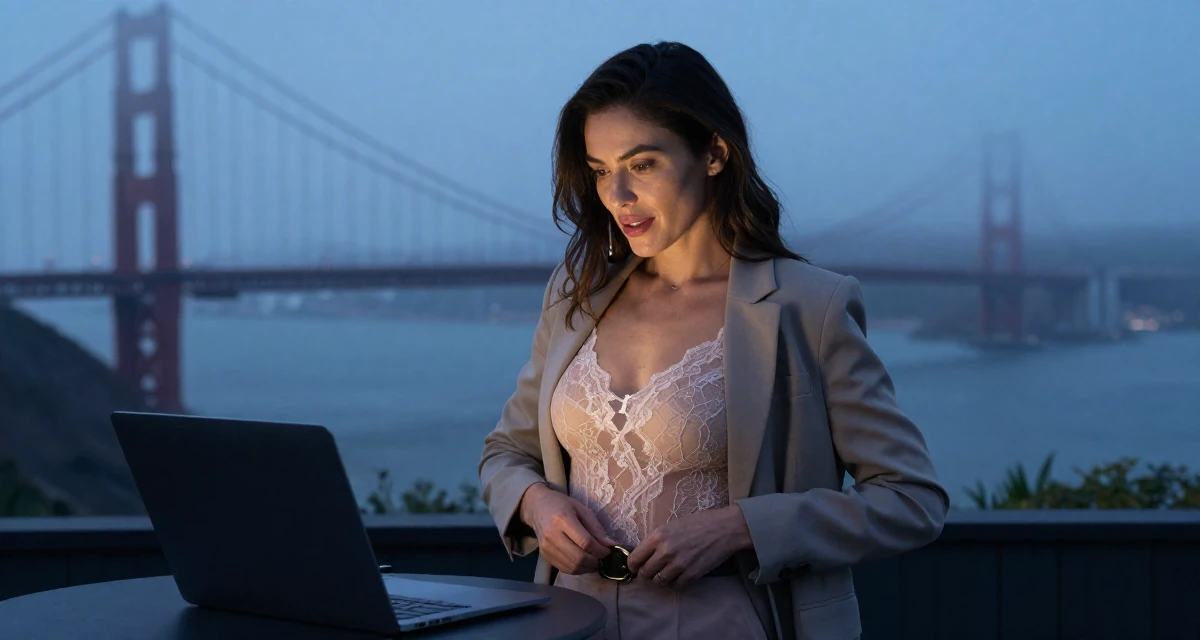 A inspired Female Previously a stay-at-home mom, now monetizing relatable lifestyle content in their 38, focused on longevity and holistic wellness, wearing a sheer lace bodysuit worn under a blazer, fixing a belt buckle in a basement studio.