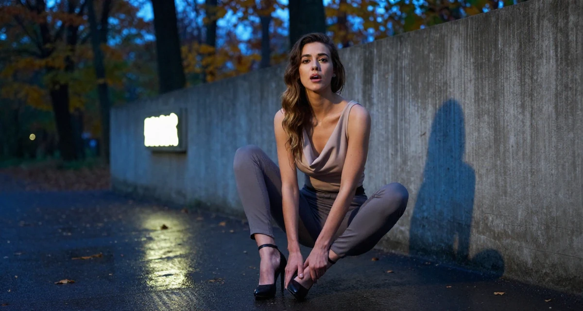 A fearless Female Former café waitress, now documenting daily aesthetics for fans in their 26, learning that trends shift faster than energy can keep up, wearing a draped neckline top and fitted slacks, tapping a foot rhythmically in a autumn forest.