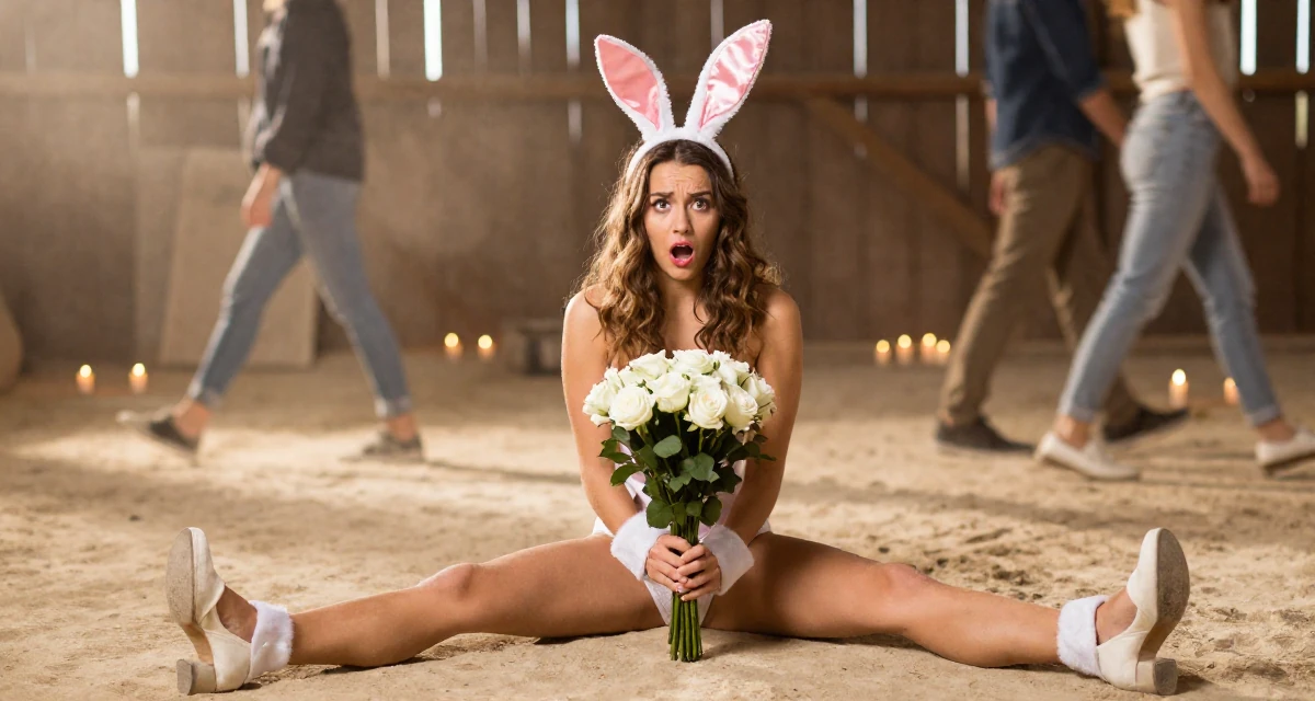 A anxious but excited Female From Poland, majored in international relations in their 22, preparing for upcoming graduation requirements, wearing a playful bunny girl costume with satin ears and cuffs, holding a bouquet in a barn interior.