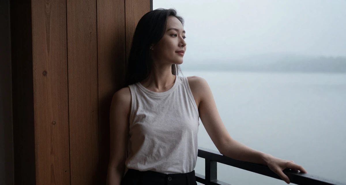 A quietly content Female From Taiwan, studied visual communication design in their 23, using confidence as the core of seductive branding, wearing a minimalist Scandinavian style, holding a railing in a dimly lit jazz bar.