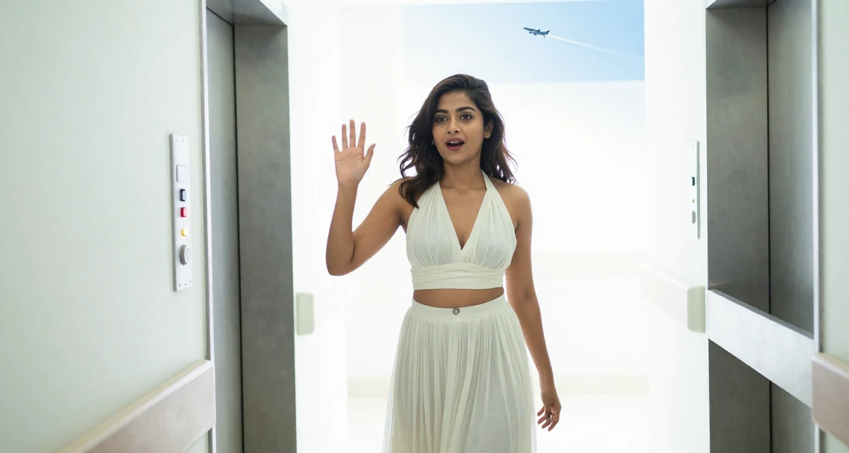 A eager Female Raised in Bangladesh, studied consumer insights in their 24, building a flirty persona fans instantly recognize, wearing a halter neck crop top and a flowing maxi skirt, waving to someone in a hospital corridor.