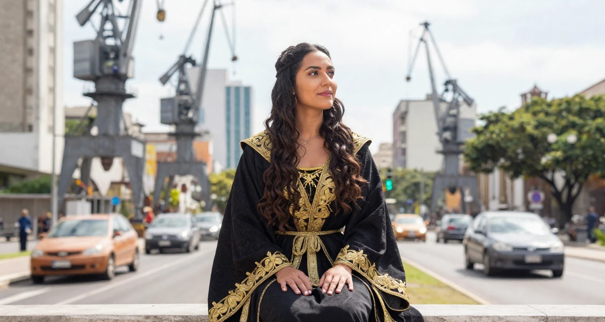 A innocent Female From Brazil, trained in digital cinematography in their 24, planning seasonal or holiday-themed drops, wearing a high-fantasy sorceress robe with gold embroidery, watching traffic pass by in a historic downtown.