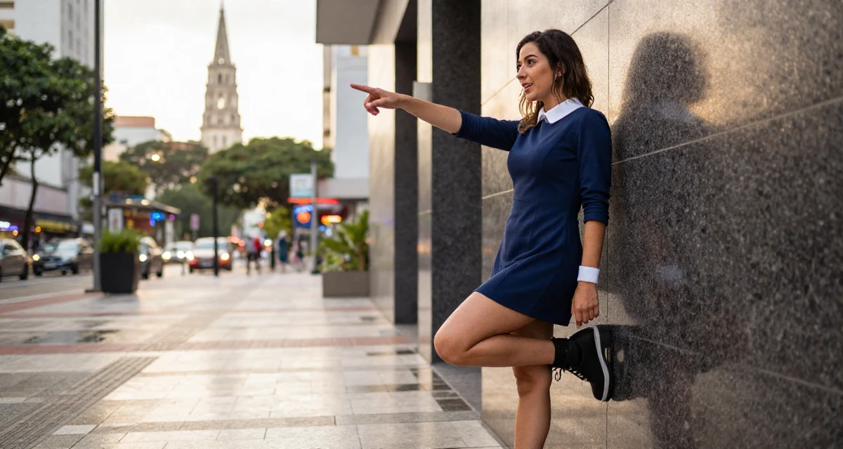 A witty Female From Brazil, trained in physical therapy in their 23, analyzing which posts convert best, wearing a navy blue dress with white collar and cuffs, pointing at something nearby in a pedestrian plaza.