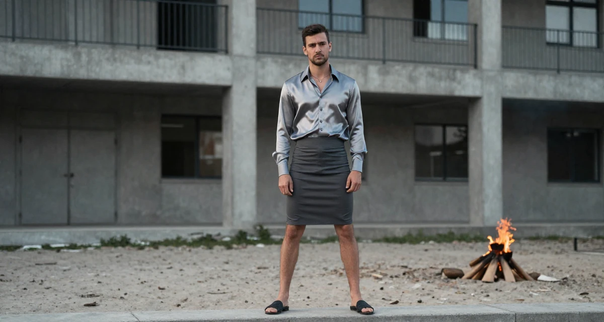 A cynical male Former hotel housekeeper, now offering intimate behind-the-scenes content in their 33, building a supportive online community, wearing a tight pencil skirt and a tucked-in silk blouse, tapping a foot rhythmically in a university campus.