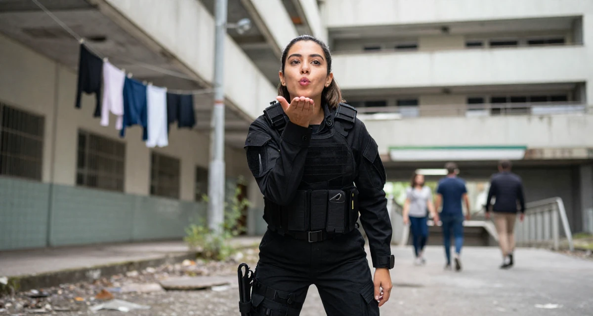 A witty Female From Brazil, graduated in tourism management in their 25, questioning long-term direction, wearing a special forces tactical suit in matte black, blowing a kiss in a abandoned hospital.