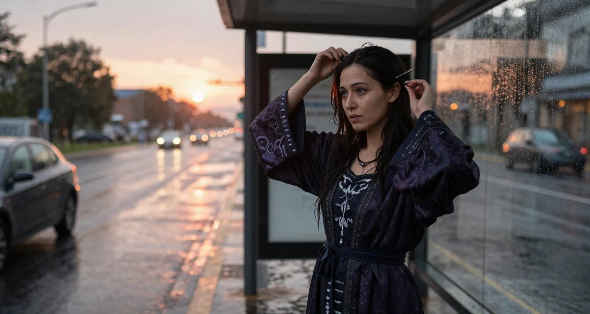 A subtly confident Female Former spa receptionist, now blending beauty with calm-aesthetic content in their 25, hiding early creator work from family and classmates, wearing a dark fantasy necromancer robe with skull motifs, adjusting a hairpin in a bus stop in the rain.