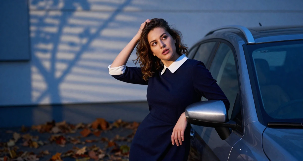 A passionate Female From Germany, studied industrial design at a technical college in their 20, experimenting with new social circles and hobbies, wearing a navy blue dress with white collar and cuffs, scratching a head lightly in a waiting room.