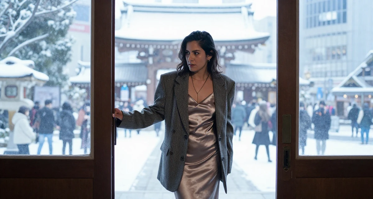 A stoic and strong Female From Guadalajara Mexico, majored in business analytics in their 32, exploring sustainable fashion and ethical living, wearing a satin slip skirt paired with a structured blazer, pulling a door open in a Japanese Shinto shrine.