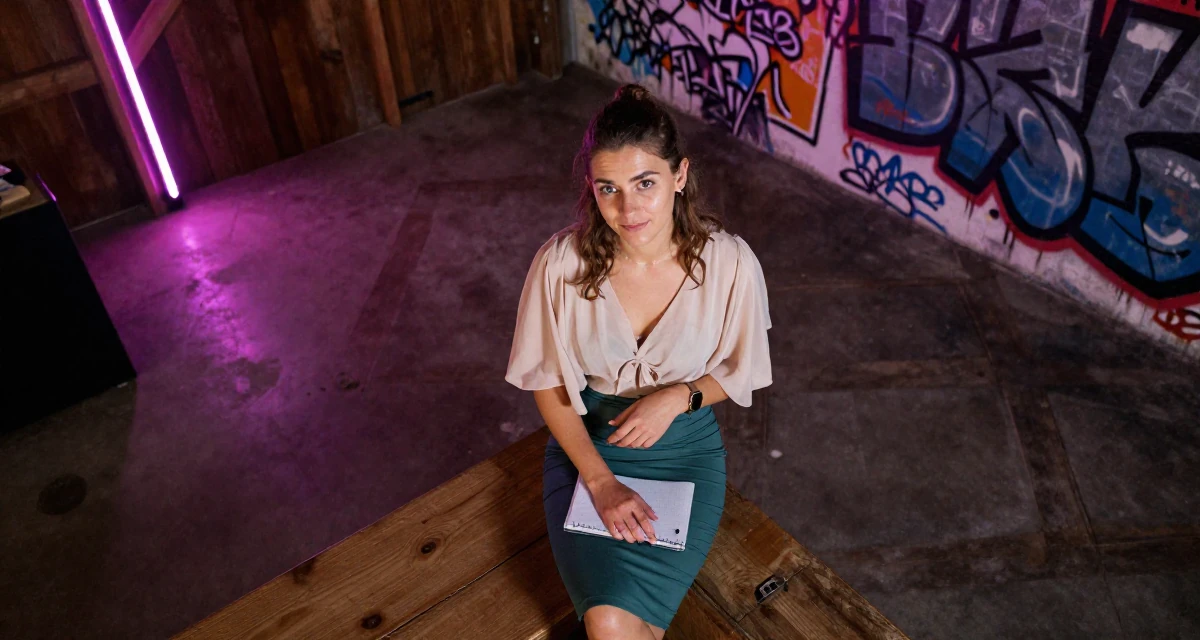 A compassionate Female From Tampere Finland, majored in game development in their 21, seeking deeper connections beyond small talk, wearing a tight pencil skirt and a loose chiffon top, holding a notebook in a barn interior.