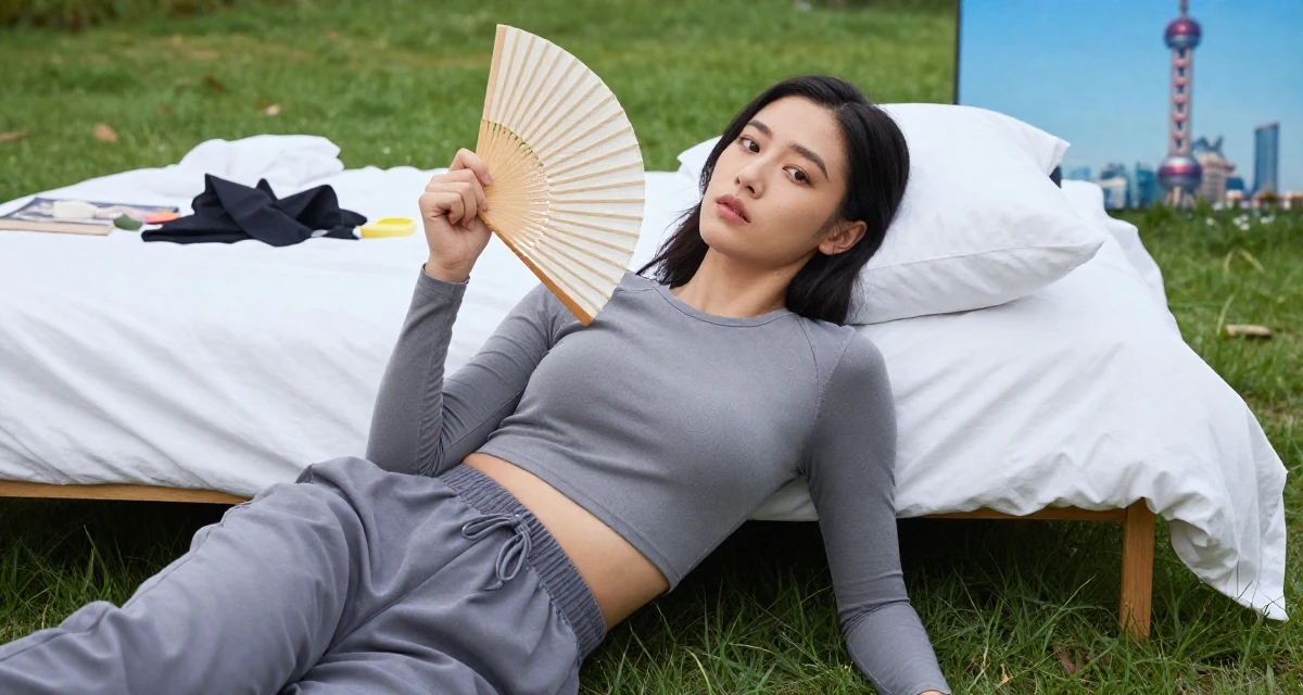 A absent-minded Female From Australia, majored in finance at a private university in their 20, unsure of their major but faking confidence, wearing a tight long-sleeve crop top and jogger pants, fanning self with a hand in a grassy field.