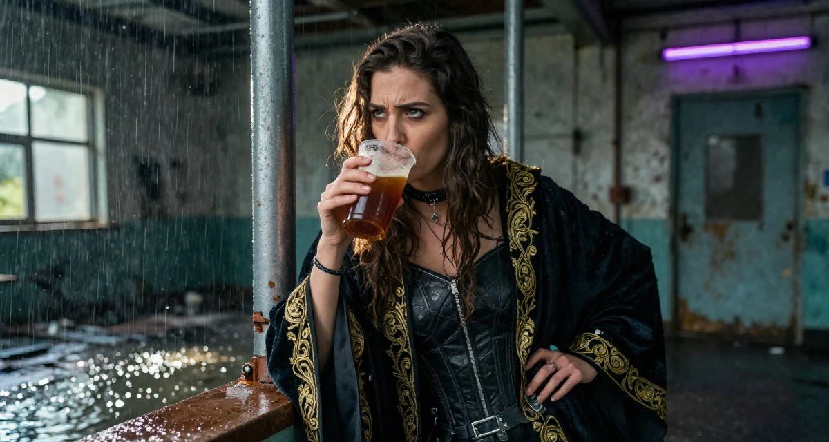 A suspicious Female From Canada, has a diploma in graphic design in their 20, experiencing the first taste of freedom away from home, wearing a high-fantasy sorceress robe with gold embroidery, sipping a warm drink in a abandoned hospital.