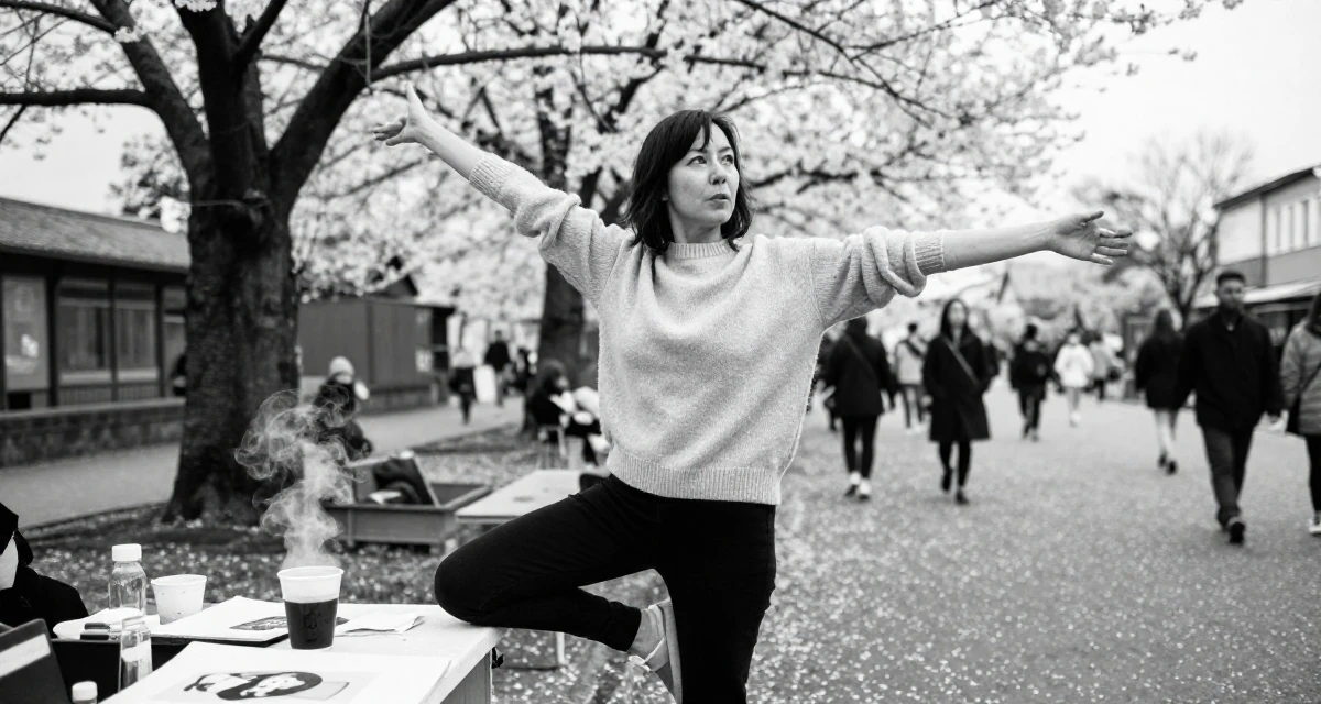 A fearless Female Once a real-estate assistant, now a full-time self-portrait artist in their 44, building a second stream of passive income, wearing a soft cashmere sweater worn with nothing visible underneath, stretching arms after waking in a cherry blossom park.