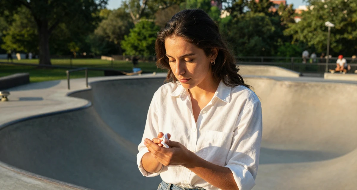 A contemplative Female From Mexico, studied cultural studies in their 38, capturing cinematic moments of daily life, wearing a crisp button-up with rolled sleeves, wiping hands in a skate park.