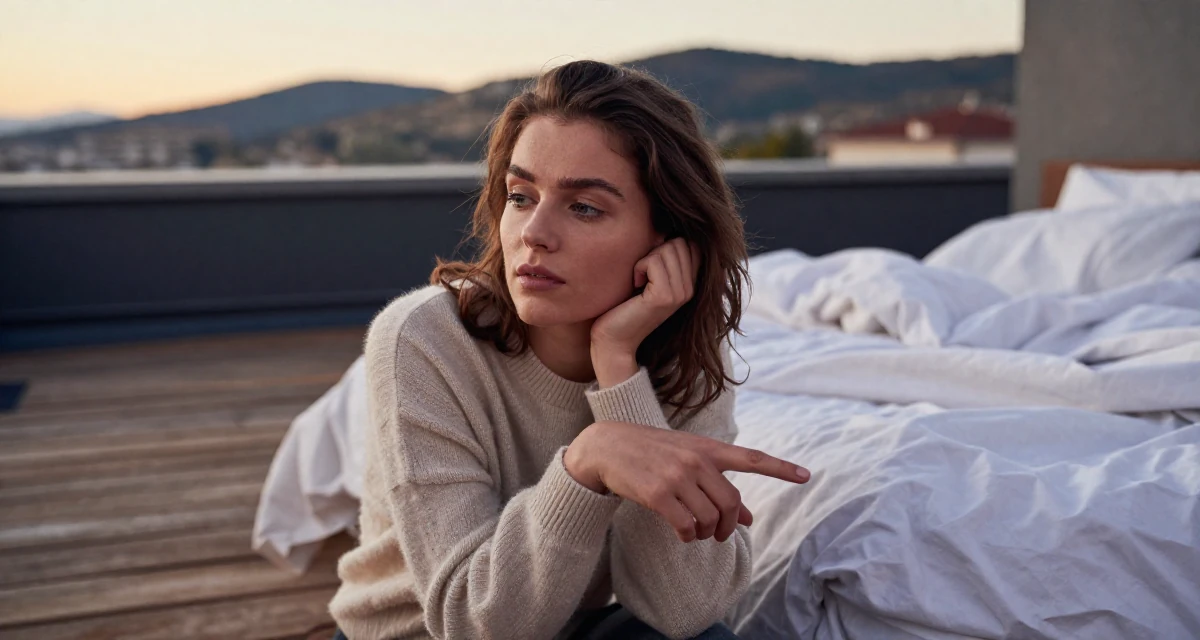 A reflective Female Raised in Romania, studied entertainment marketing in their 23, balancing risk-taking with stability needs, wearing a soft cashmere sweater look, pointing at something nearby in a rooftop terrace at sunset.