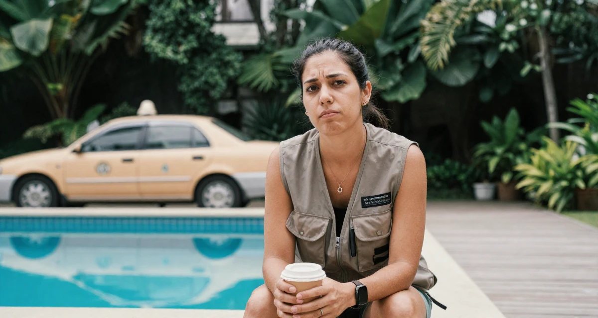 A bored Female Former geography club member, now producing exploration-themed content in their 50, launching a second act career with passion, wearing a urban explorer utility vest look, holding a coffee cup with both hands in a swimming pool deck.