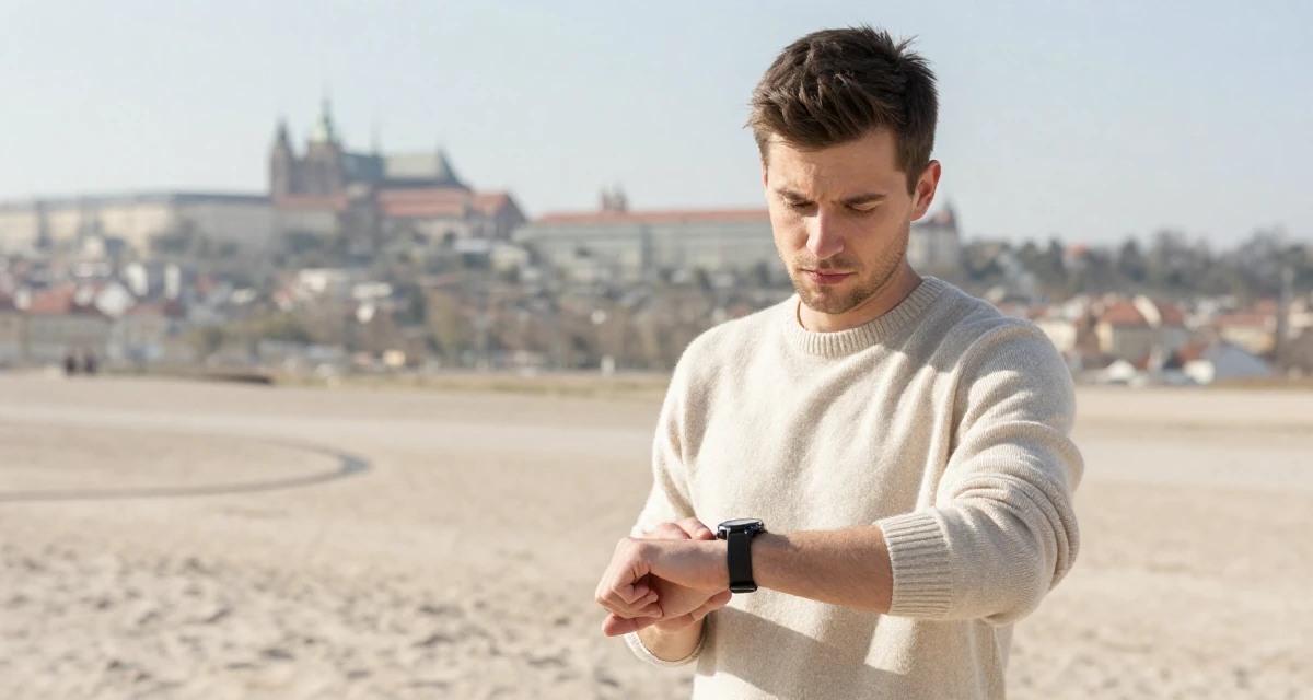 A indifferent male From Prague Czech Republic, majored in multimedia journalism in their 24, planning seasonal or holiday-themed drops, wearing a soft cashmere sweater look, glancing at a wristwatch in a desert landscape.